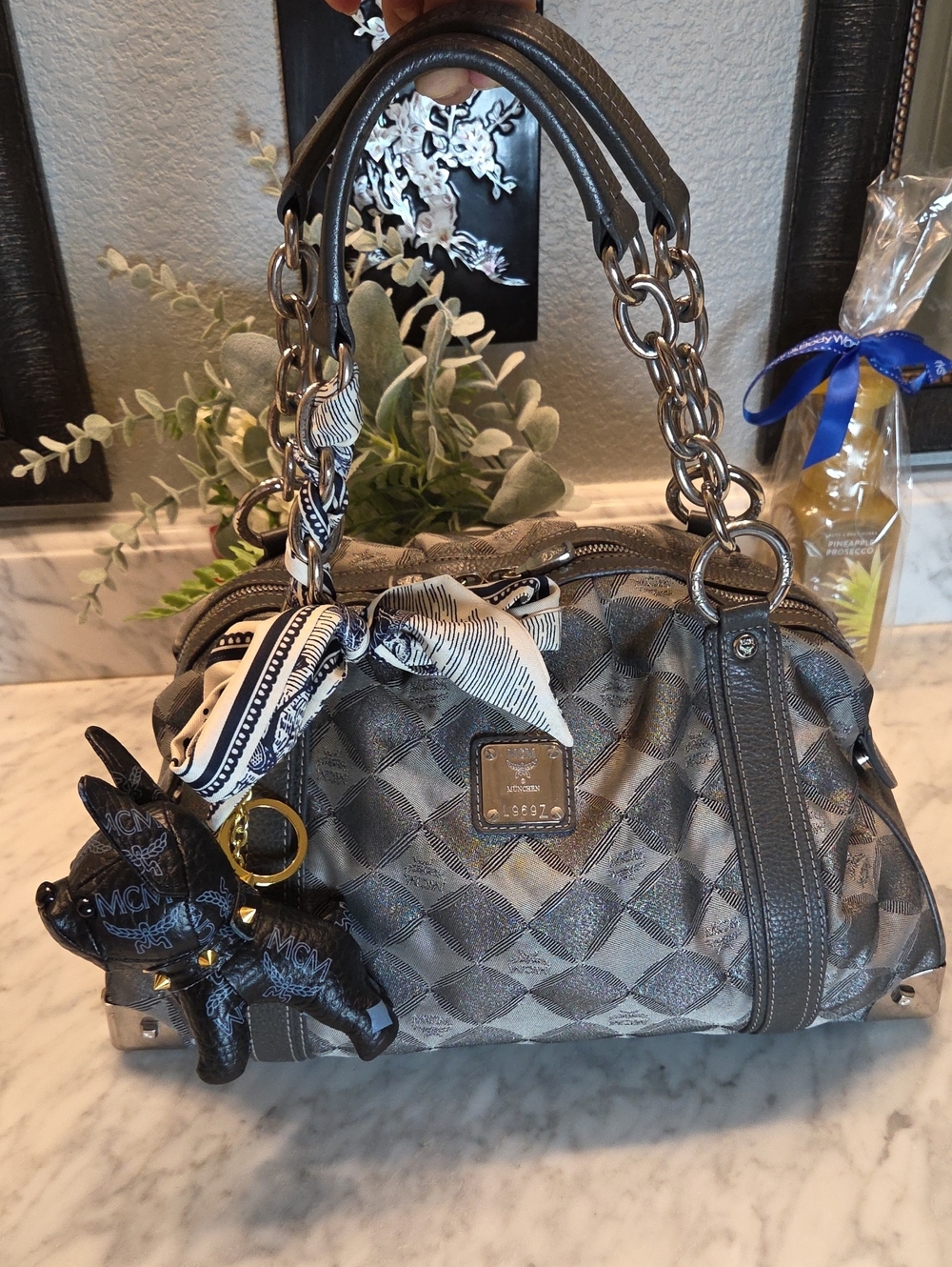MCM Gray Quilted Pattern Satchel with Chain Scarf Accent Handles Fashion Dog